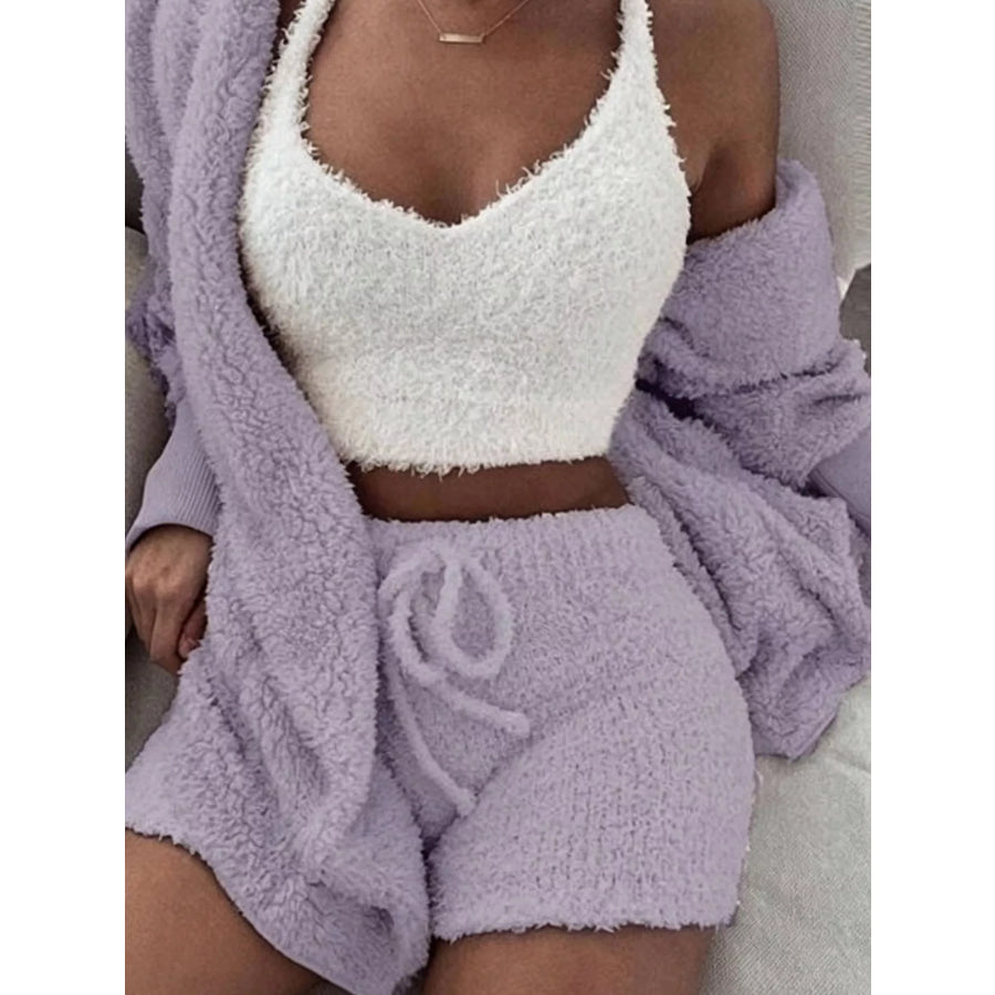 Full Size 3-Piece Fuzzy Plush Cardigan and Shorts Lounge Set with Crop Top Plus Purple / S Apparel Accessories