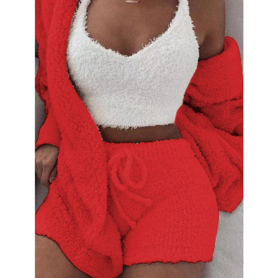 Full Size 3-Piece Fuzzy Plush Cardigan and Shorts Lounge Set with Crop Top Plus Red / S Apparel Accessories