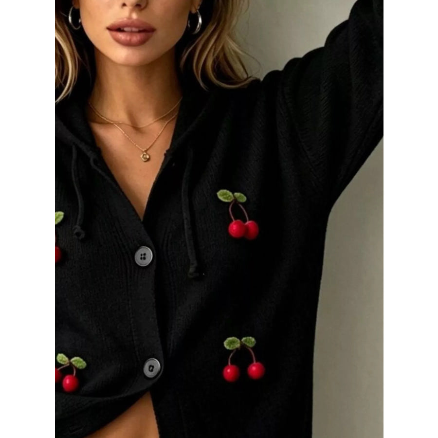 Full Size 3D Cherry Applique Hooded Cardigan Plus Size Apparel and Accessories
