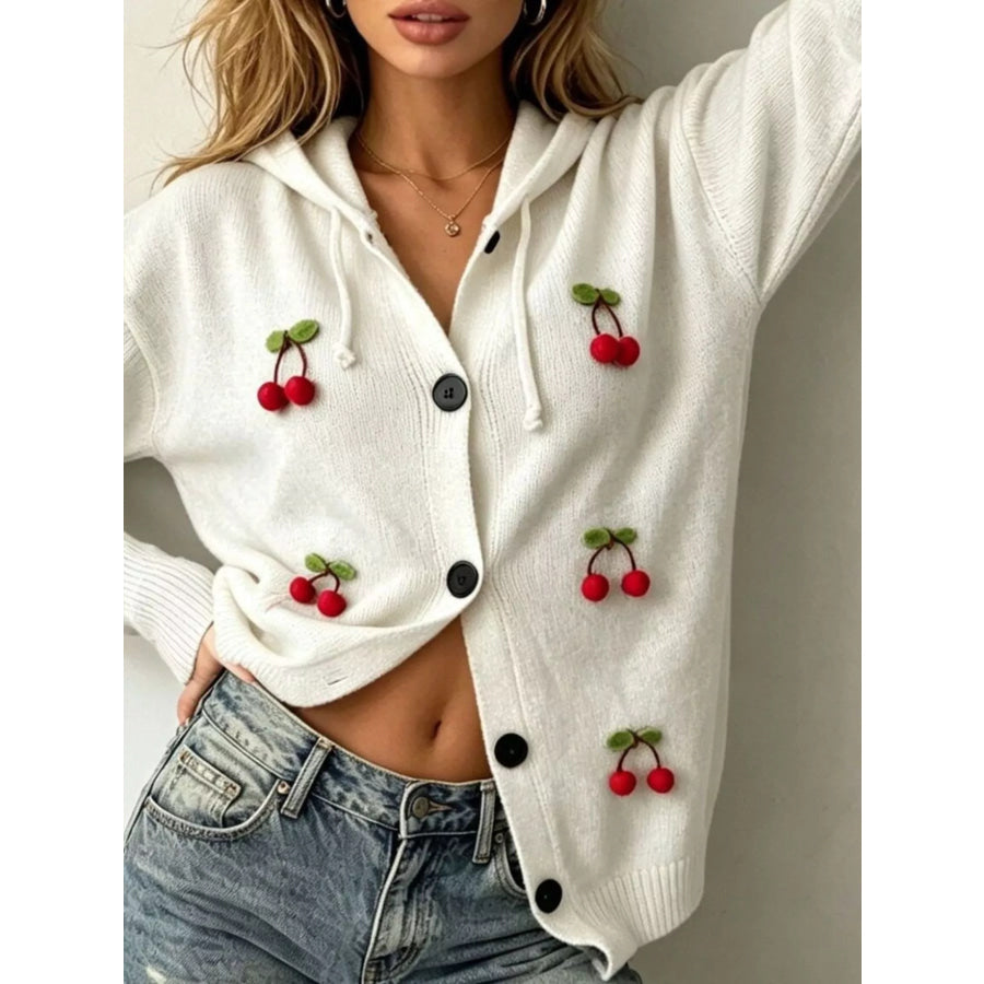 Full Size 3D Cherry Applique Hooded Cardigan Plus Size White / S Apparel and Accessories