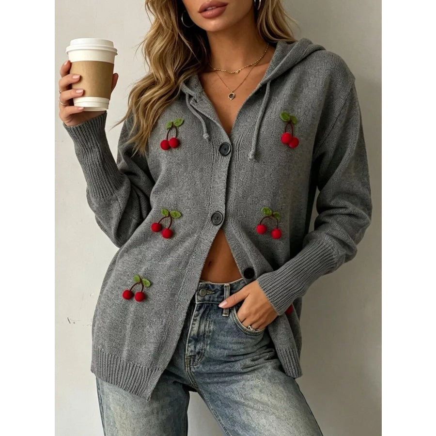 Full Size 3D Cherry Applique Hooded Cardigan Plus Size Apparel and Accessories