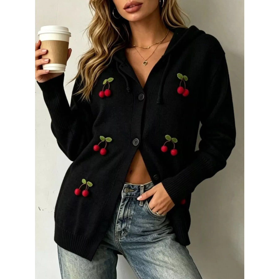 Full Size 3D Cherry Applique Hooded Cardigan Plus Size Black / S Apparel and Accessories