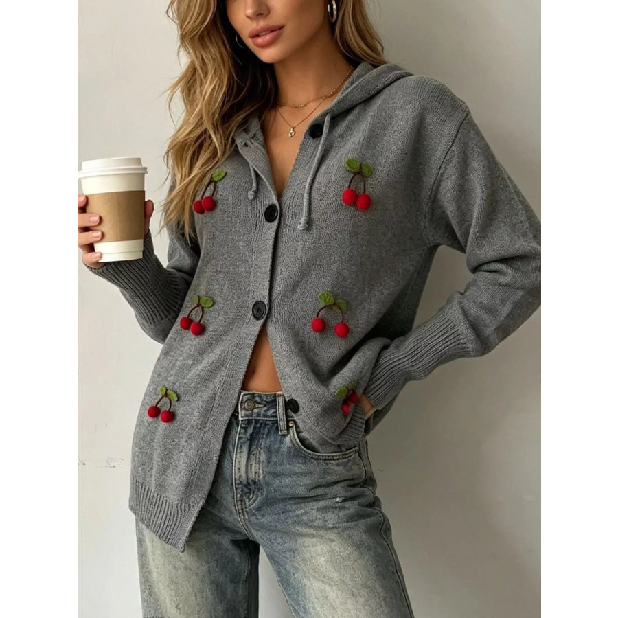 Full Size 3D Cherry Applique Hooded Cardigan Plus Size Gray / S Apparel and Accessories