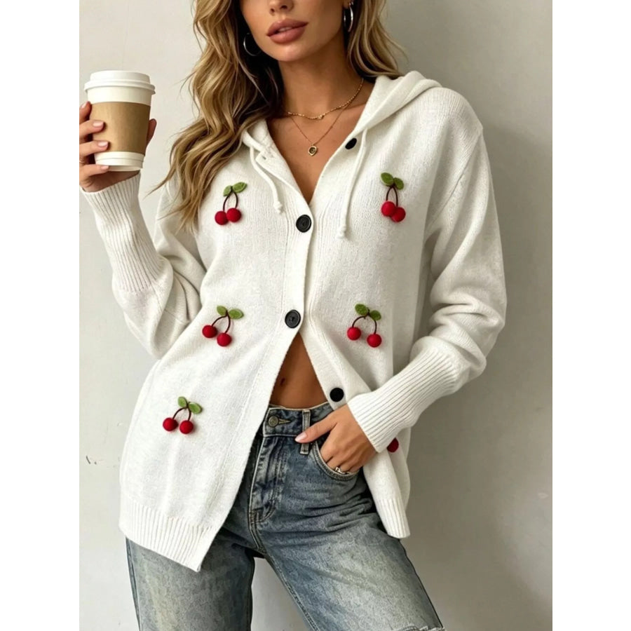 Full Size 3D Cherry Applique Hooded Cardigan Plus Size White / S Apparel and Accessories