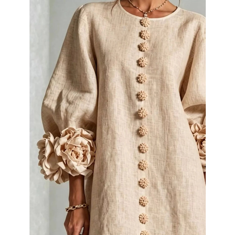 Full Size 3D Floral Round Neck Mini Dress Plus Apparel and Accessories