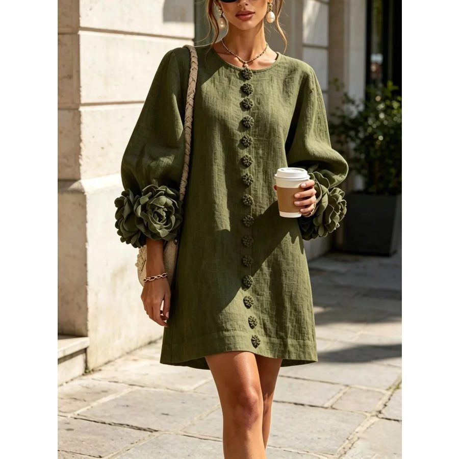 Full Size 3D Floral Round Neck Mini Dress Plus Apparel and Accessories
