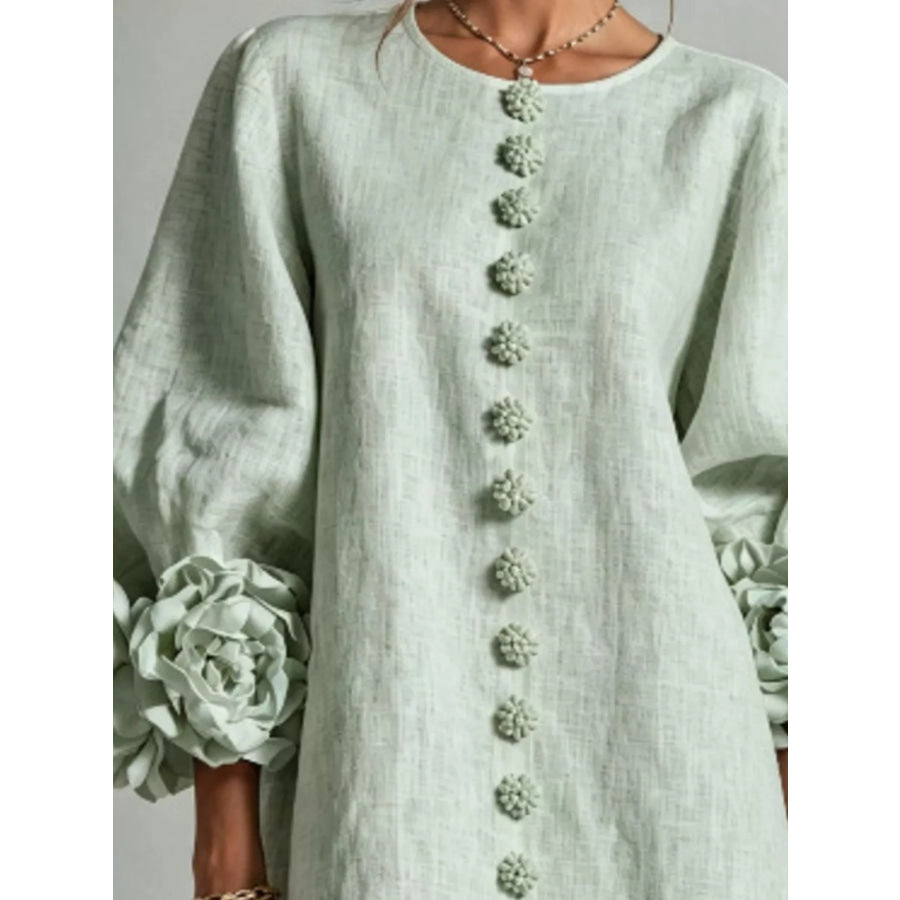 Full Size 3D Floral Round Neck Mini Dress Plus Apparel and Accessories