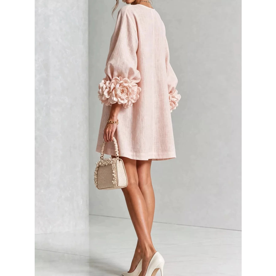 Full Size 3D Floral Round Neck Mini Dress Plus Apparel and Accessories