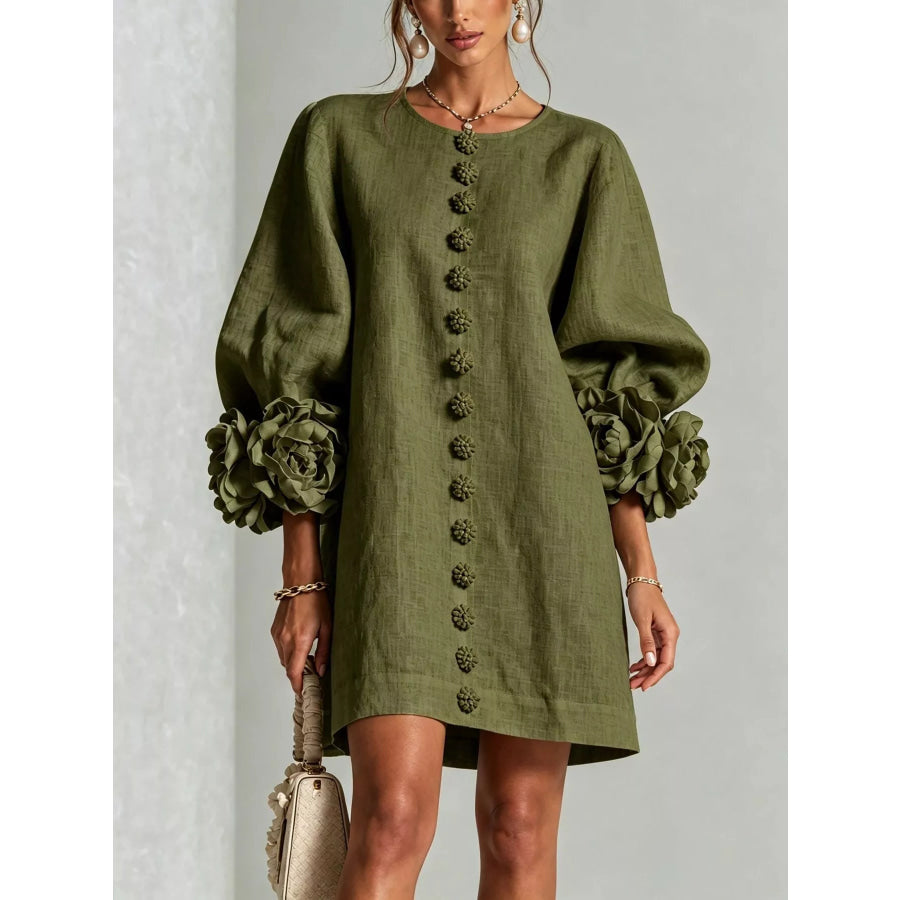 Full Size 3D Floral Round Neck Mini Dress Plus Army Green / XS Apparel and Accessories