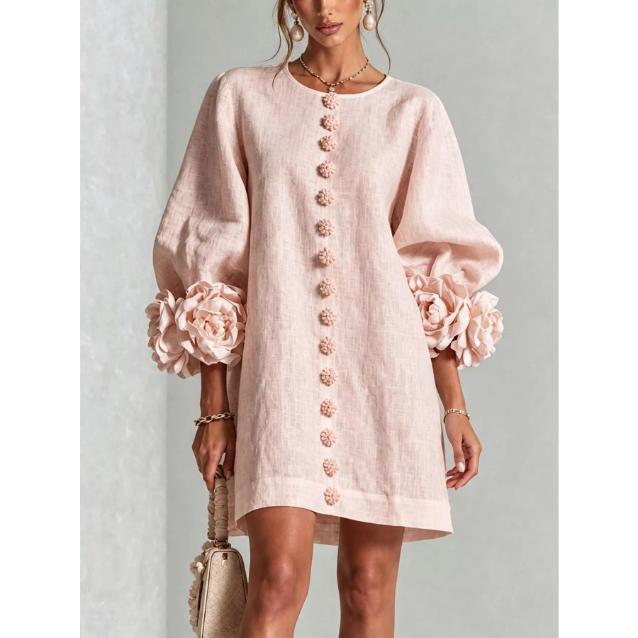 Full Size 3D Floral Round Neck Mini Dress Plus Blush Pink / XS Apparel and Accessories