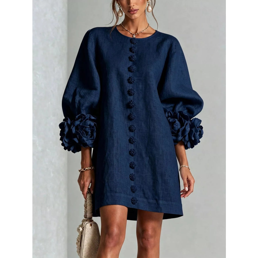 Full Size 3D Floral Round Neck Mini Dress Plus Navy / XS Apparel and Accessories