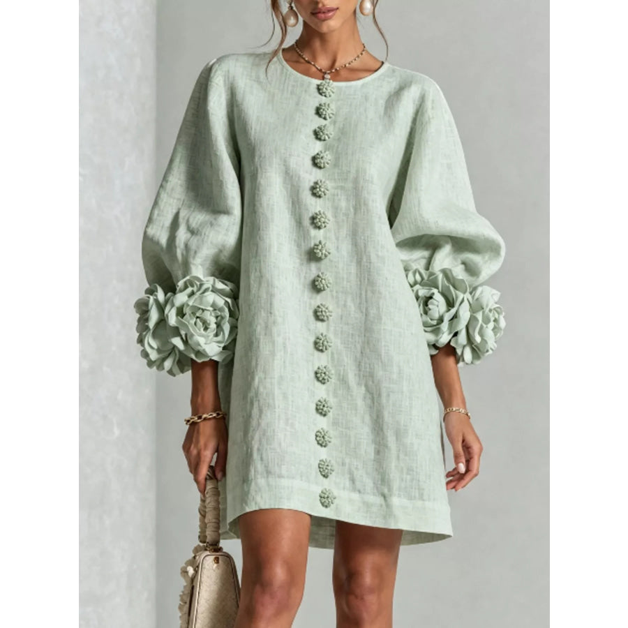 Full Size 3D Floral Round Neck Mini Dress Plus Sage / XS Apparel and Accessories