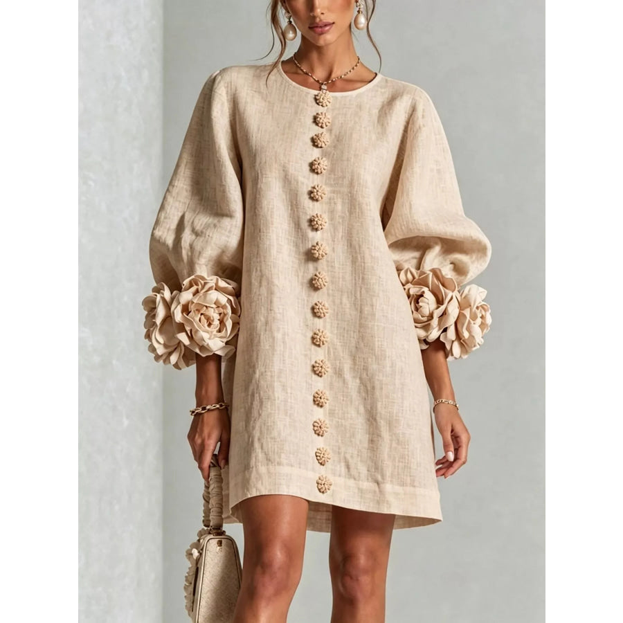 Full Size 3D Floral Round Neck Mini Dress Plus Tan / XS Apparel and Accessories