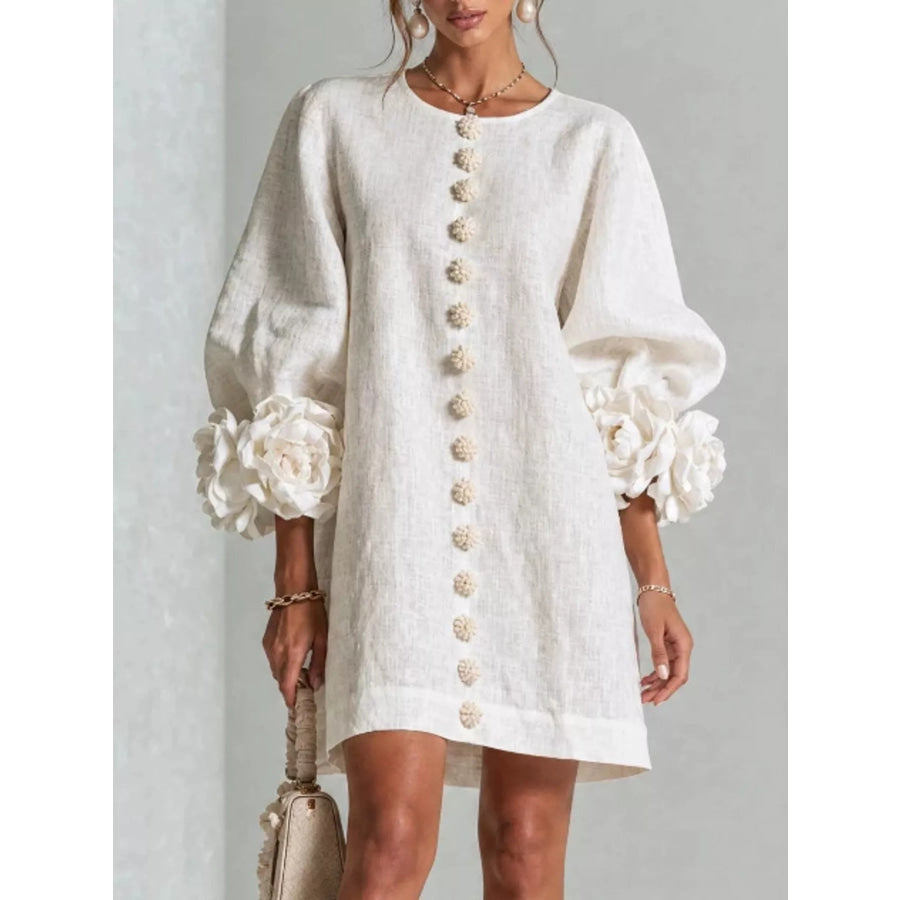 Full Size 3D Floral Round Neck Mini Dress Plus White / XS Apparel and Accessories