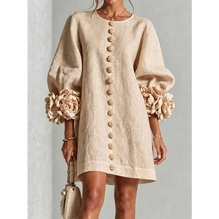 Full Size 3D Floral Sleeve Accents Mini Dress Plus Apricot / XS Apparel and Accessories