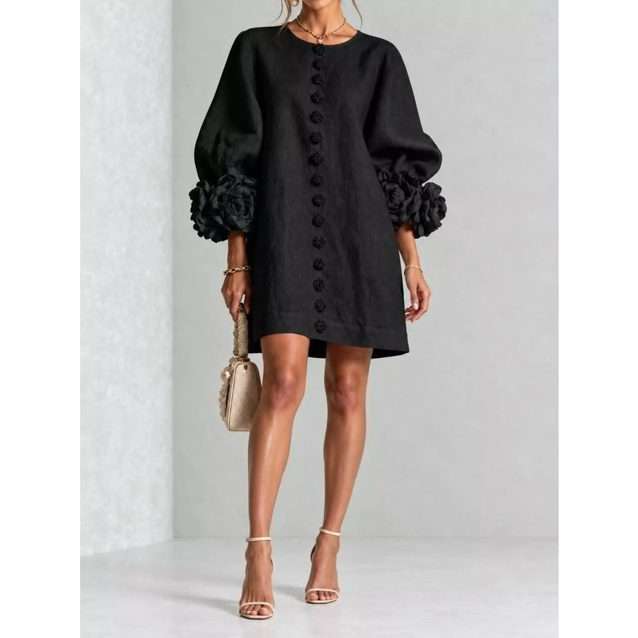 Full Size 3D Floral Sleeve Accents Mini Dress Plus Black / XS Apparel and Accessories