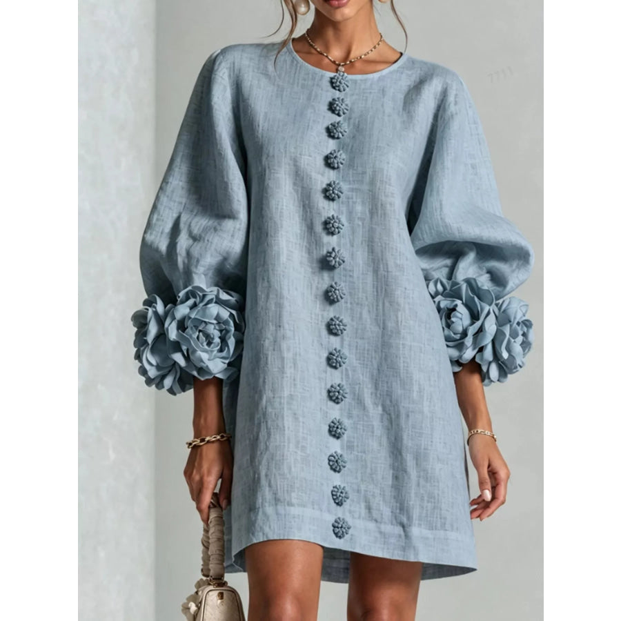 Full Size 3D Floral Sleeve Accents Mini Dress Plus Blue / XS Apparel and Accessories