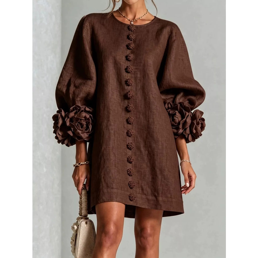 Full Size 3D Floral Sleeve Accents Mini Dress Plus Brown / XS Apparel and Accessories
