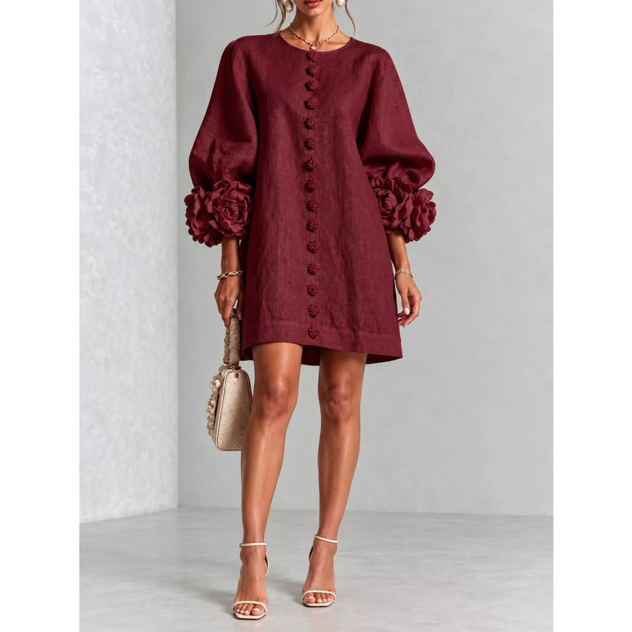 Full Size 3D Floral Sleeve Accents Mini Dress Plus Dark Red / XS Apparel and Accessories