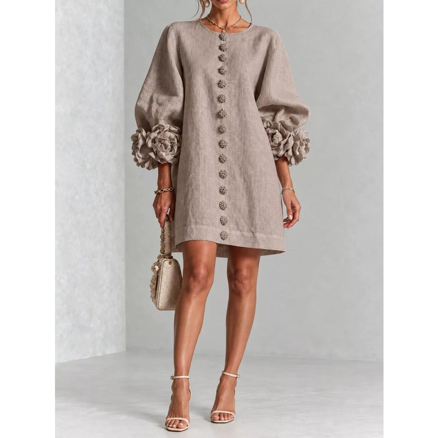 Full Size 3D Floral Sleeve Accents Mini Dress Plus Gray / XS Apparel and Accessories
