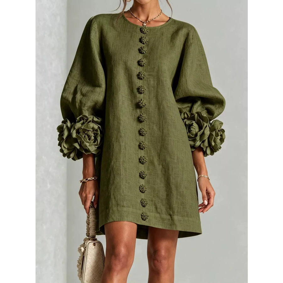 Full Size 3D Floral Sleeve Accents Mini Dress Plus Green / XS Apparel and Accessories