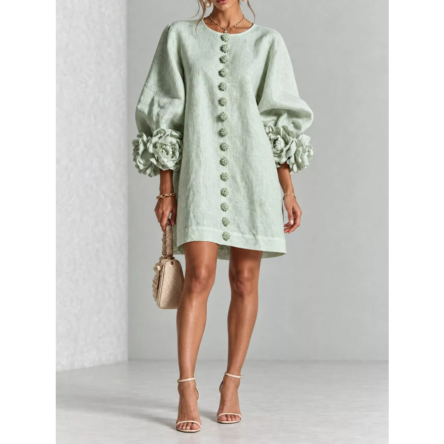 Full Size 3D Floral Sleeve Accents Mini Dress Plus Light Green / XS Apparel and Accessories