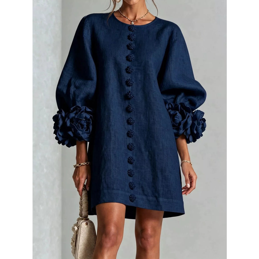 Full Size 3D Floral Sleeve Accents Mini Dress Plus Navy / XS Apparel and Accessories