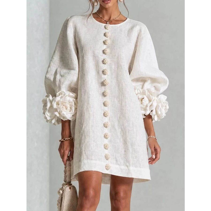 Full Size 3D Floral Sleeve Accents Mini Dress Plus Off-White / XS Apparel and Accessories