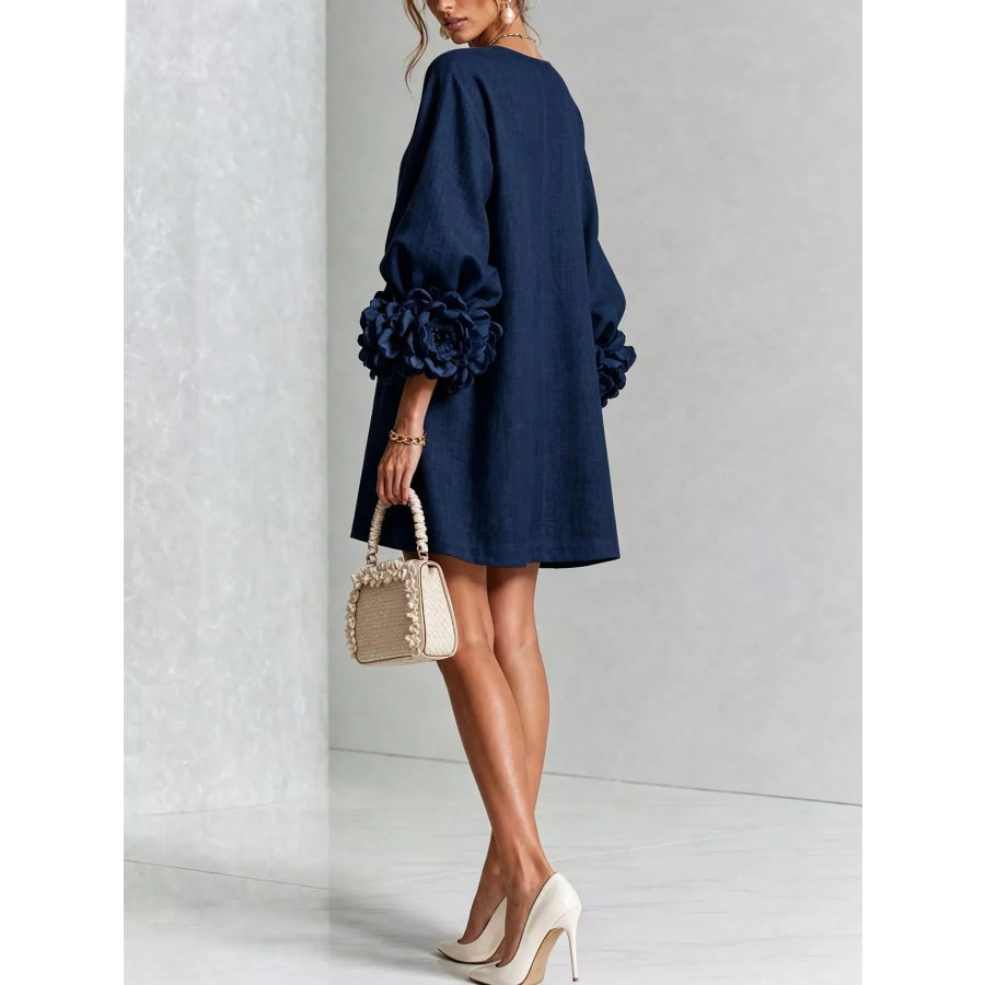 Full Size 3D Floral Sleeve Round Neck Dress Plus Apparel and Accessories