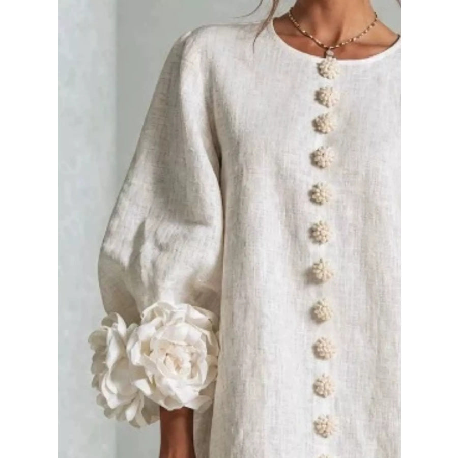 Full Size 3D Floral Sleeve Round Neck Dress Plus Apparel and Accessories