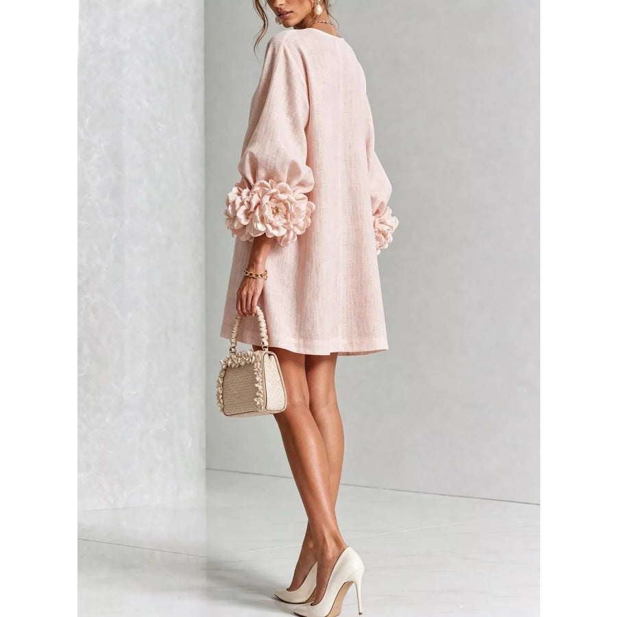 Full Size 3D Floral Sleeve Round Neck Dress Plus Pink / S Apparel and Accessories
