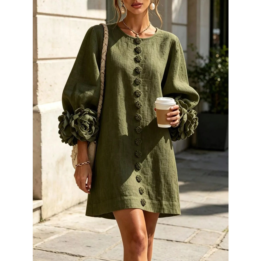 Full Size 3D Floral Sleeve Round Neck Dress Plus Apparel and Accessories