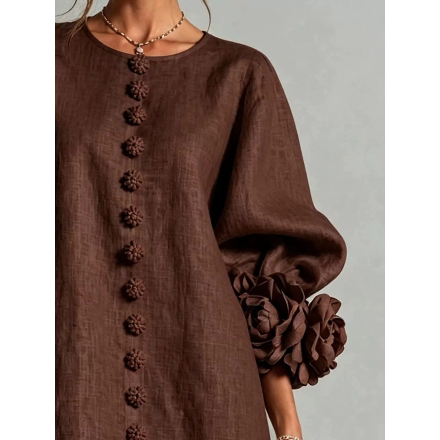 Full Size 3D Floral Sleeve Round Neck Dress Plus Apparel and Accessories