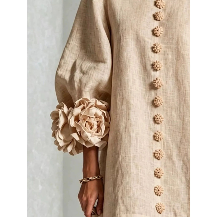 Full Size 3D Floral Sleeve Round Neck Dress Plus Apparel and Accessories