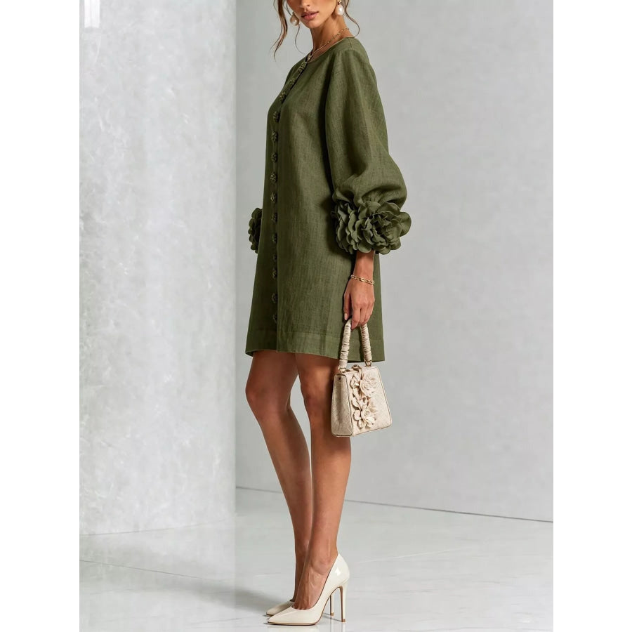 Full Size 3D Floral Sleeve Round Neck Dress Plus Apparel and Accessories