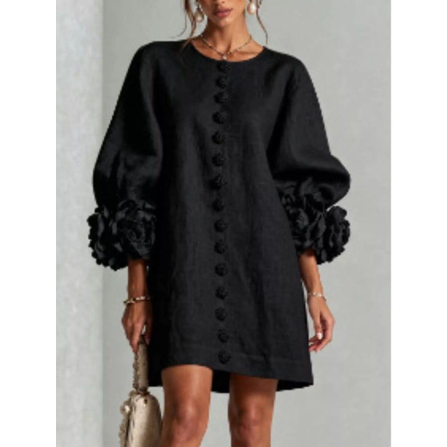 Full Size 3D Floral Sleeve Round Neck Dress Plus Black / S Apparel and Accessories