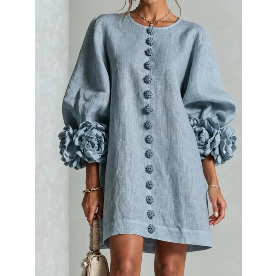 Full Size 3D Floral Sleeve Round Neck Dress Plus Blue / S Apparel and Accessories