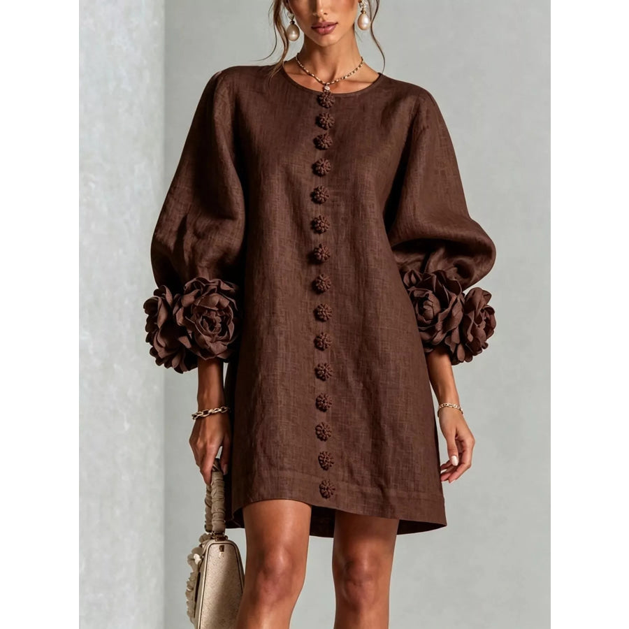 Full Size 3D Floral Sleeve Round Neck Dress Plus Brown / S Apparel and Accessories