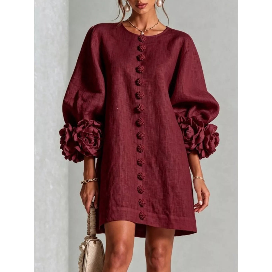 Full Size 3D Floral Sleeve Round Neck Dress Plus Deep Red / S Apparel and Accessories