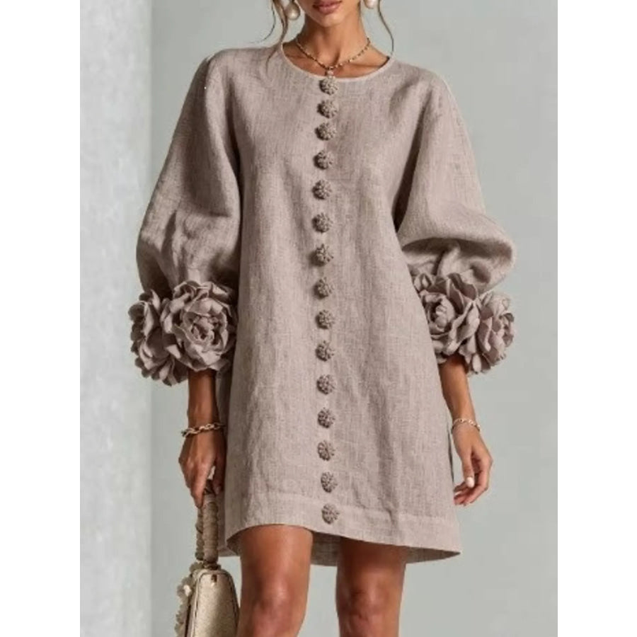 Full Size 3D Floral Sleeve Round Neck Dress Plus Gray / S Apparel and Accessories