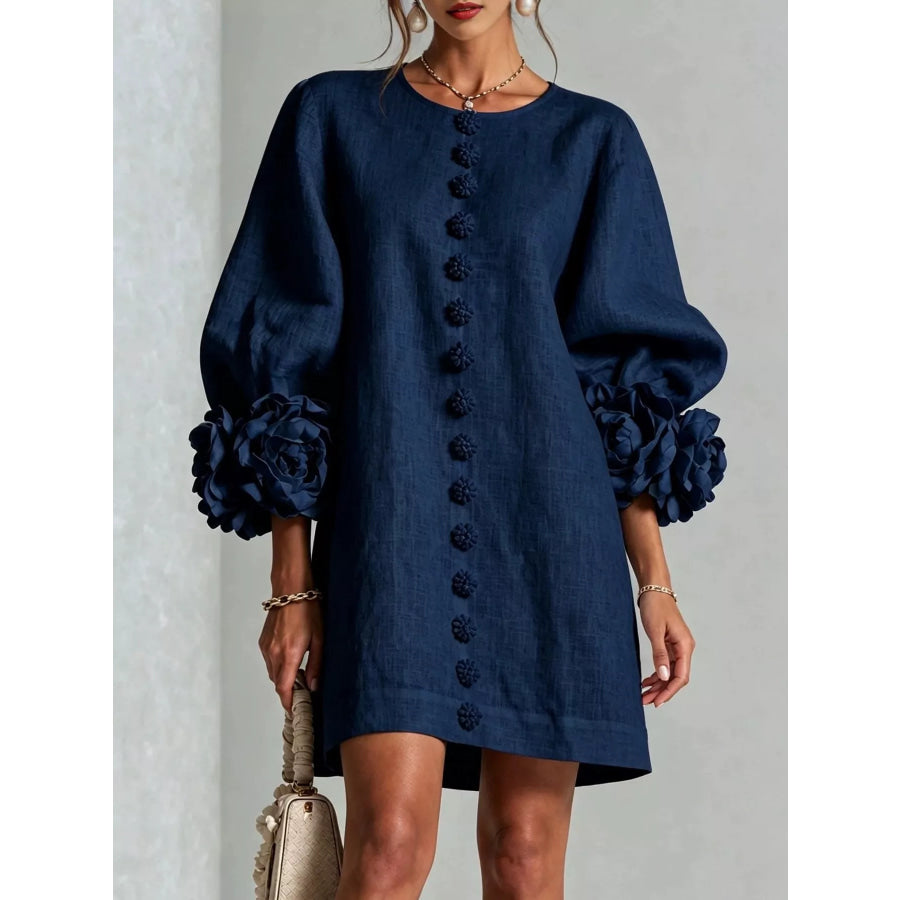 Full Size 3D Floral Sleeve Round Neck Dress Plus Navy / S Apparel and Accessories