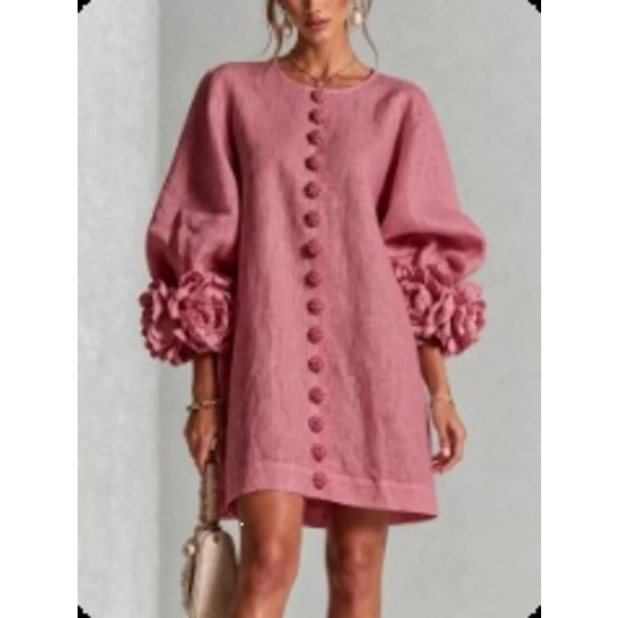 Full Size 3D Floral Sleeve Round Neck Dress Plus 桃色 / S Apparel and Accessories