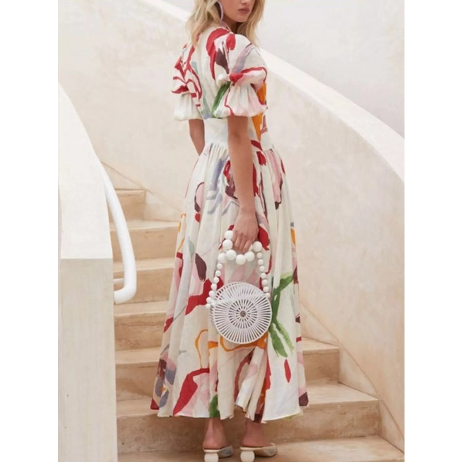 Full Size Abstract Print Puff Sleeve Midi Dress Plus Size Apparel and Accessories