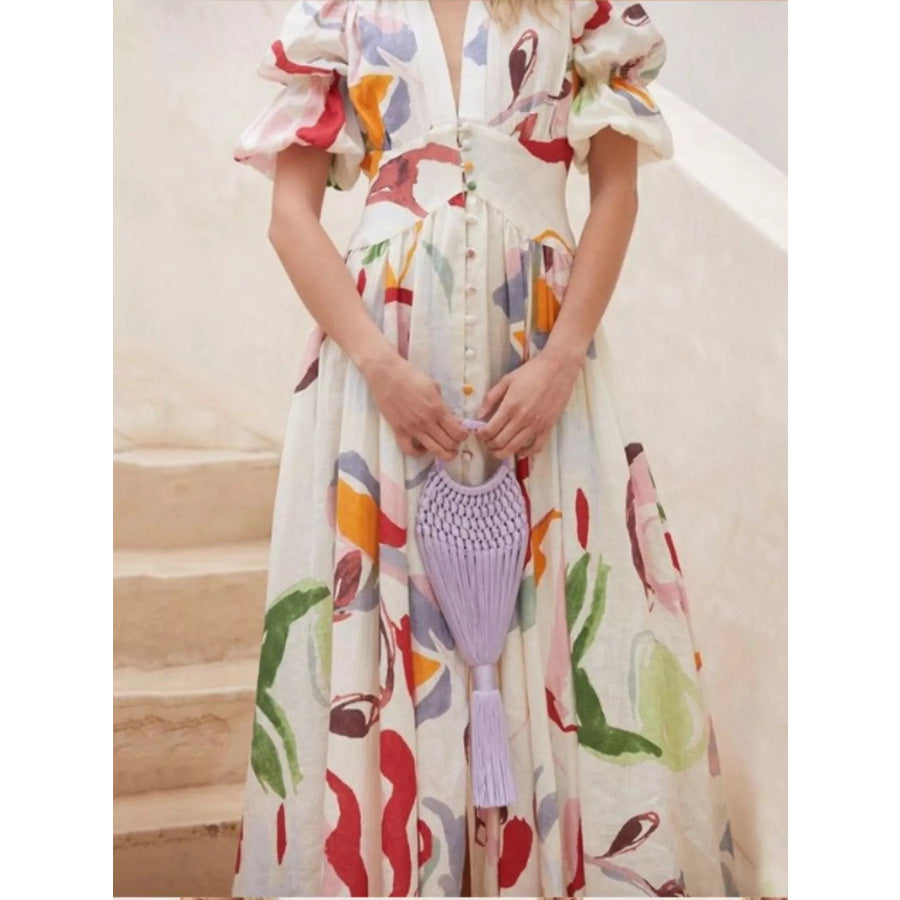 Full Size Abstract Print Puff Sleeve Midi Dress Plus Size Apparel and Accessories