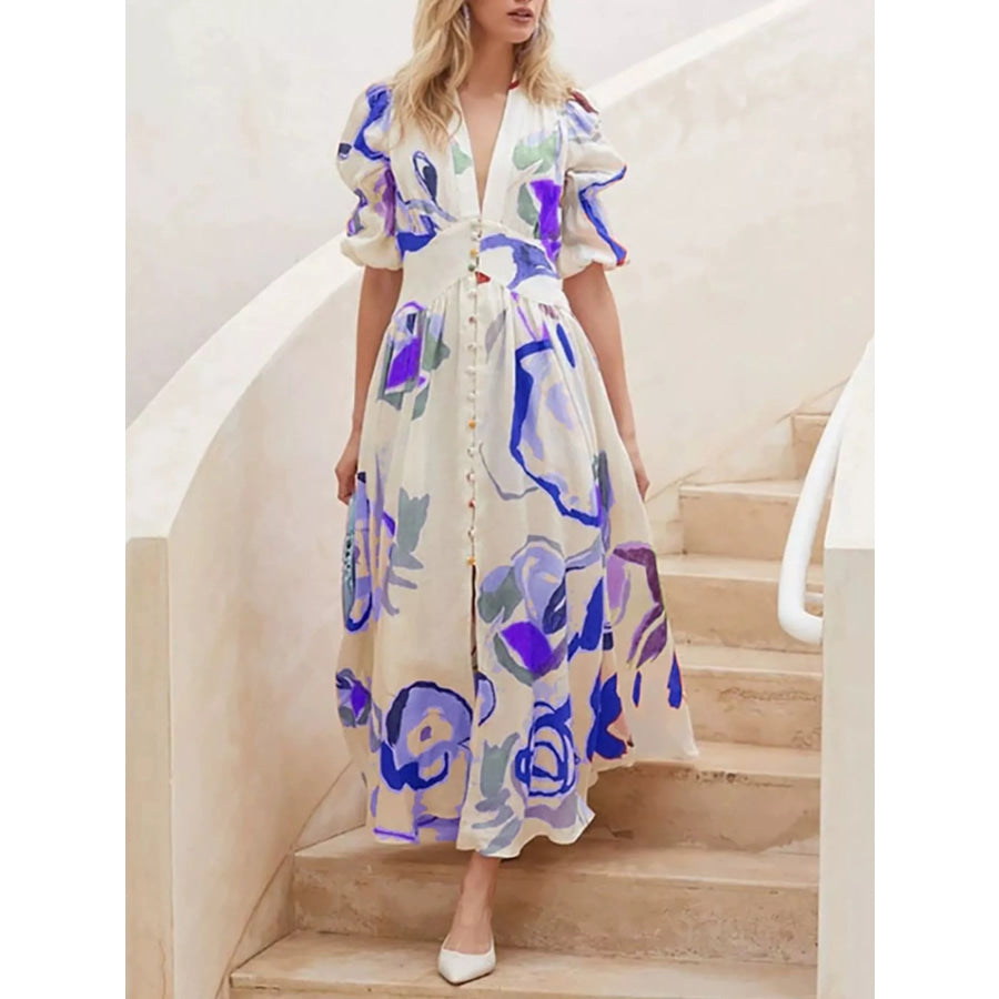 Full Size Abstract Print Puff Sleeve Midi Dress Plus Size Blue / S Apparel and Accessories