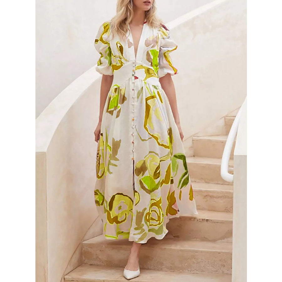 Full Size Abstract Print Puff Sleeve Midi Dress Plus Size Gold / S Apparel and Accessories