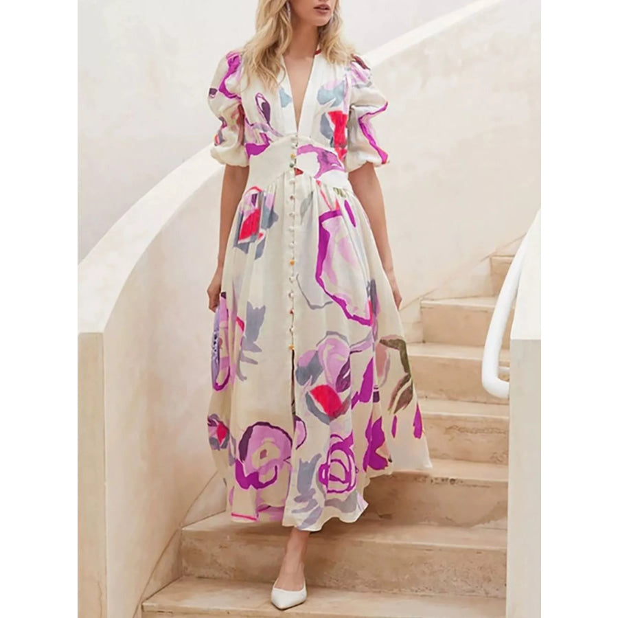 Full Size Abstract Print Puff Sleeve Midi Dress Plus Size Rose Red / S Apparel and Accessories