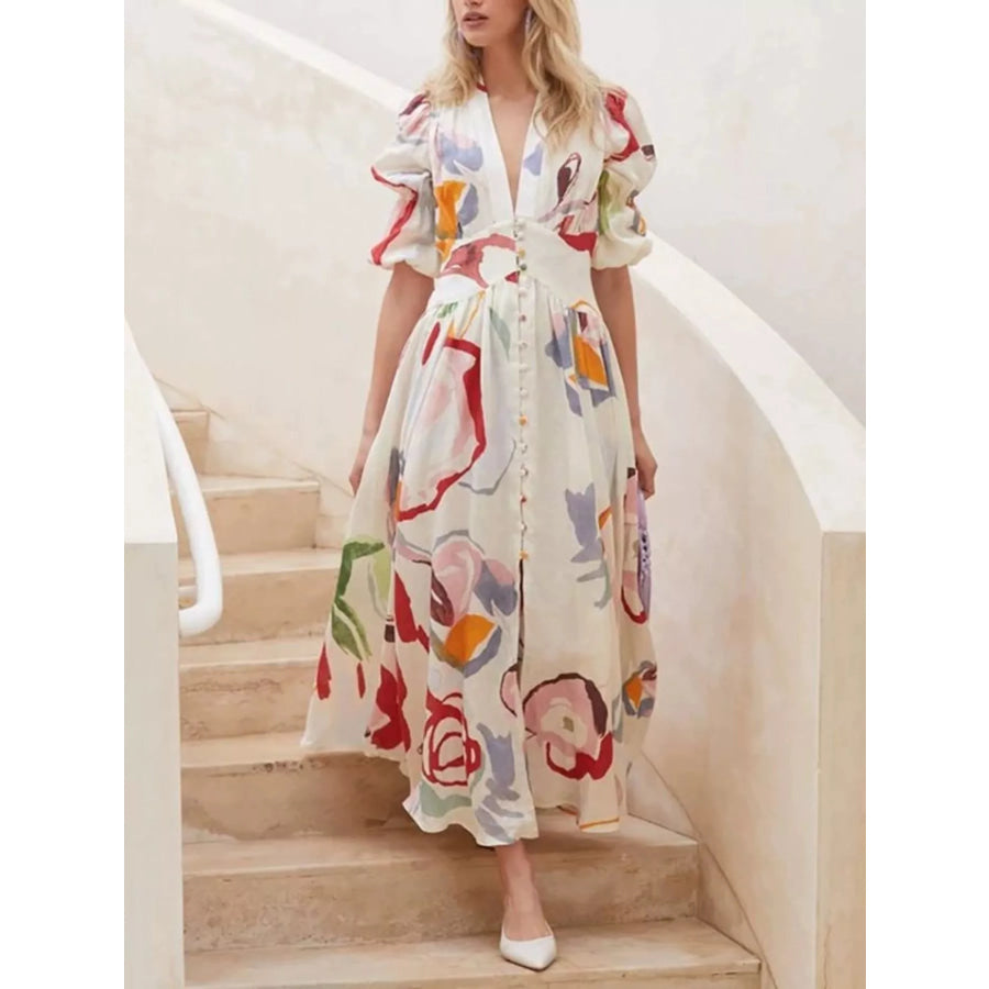 Full Size Abstract Print Puff Sleeve Midi Dress Plus Size White / S Apparel and Accessories