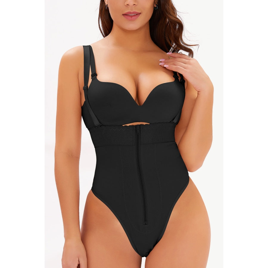 Full Size Adjustable Strap Zip-Up Shaping Bodysuit Black / S