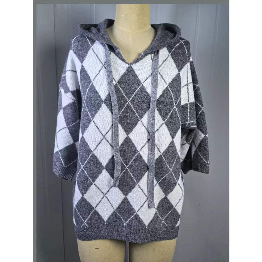 Full Size Argyle Pattern Hooded Sweater Plus Apparel and Accessories